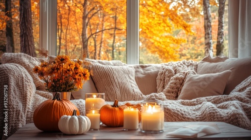 Cozy living room with pumpkins and candles, warm fall evening light