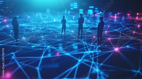 Silhouettes of People Standing on a Network of Lines