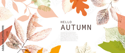 Trendy autumn banner with fall leaves. Modern autumn poster with grainy transparent leaves. Autumn background, web banner or flyer design. Template for advertising, printing, packaging, social media