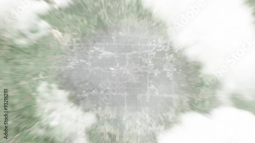 Earth zoom in from space to Springfield, Massachusetts, USA. Followed by zoom out through clouds and atmosphere into space. Satellite view. Travel intro. Images from NASA photo