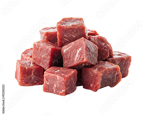 A pile of raw beef cubes isolated on a transparent background