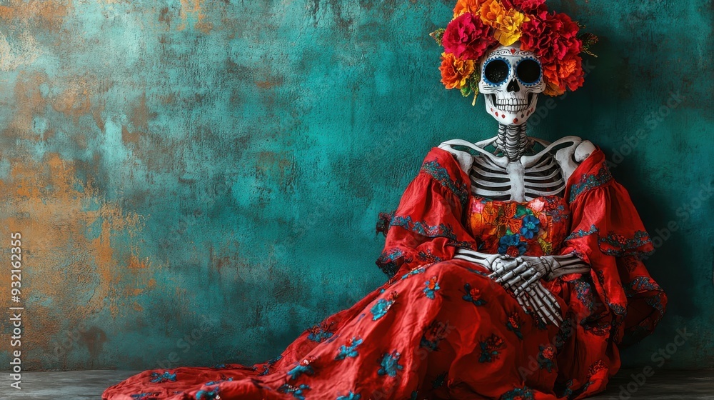 Fototapeta premium La Catrina skeletal figure in colorful dress, hyper-realistic photo