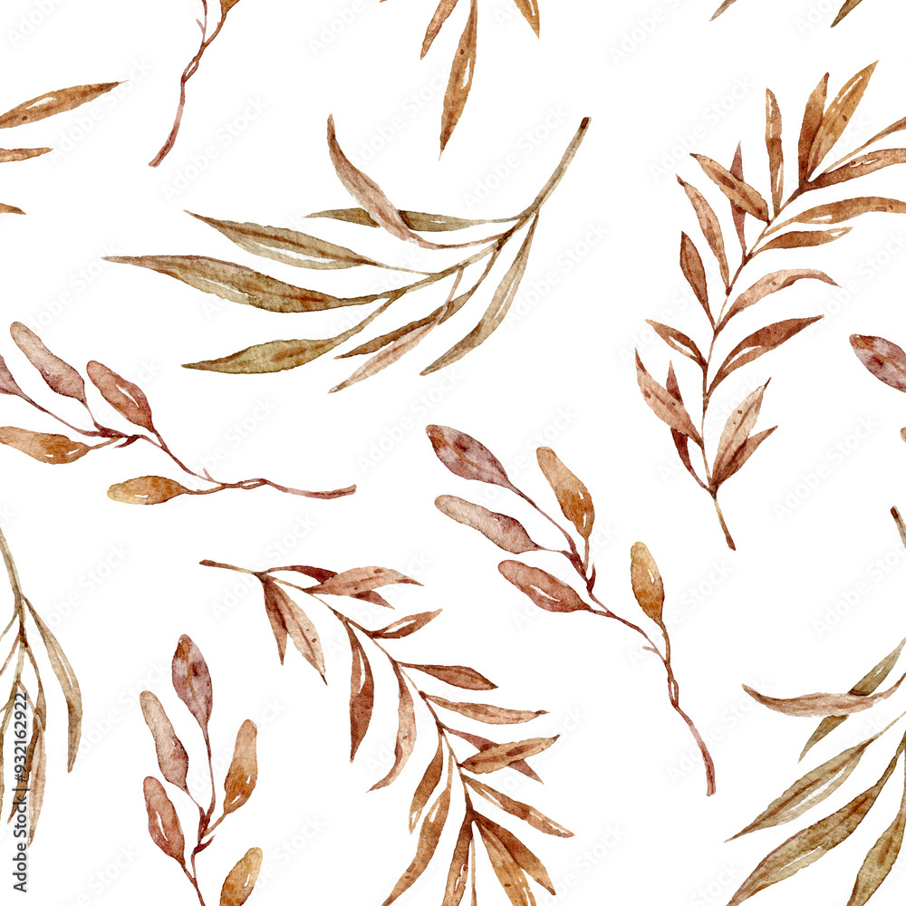 Autumn or summer boho dried leaves and branches seamless pattern, watercolor floral endless print isolated on transparent background for wrapping, scrapbook, packaging paper. Floral illustration Autumn or summer boho dried leaves and branches seamless pattern, watercolor floral endless print isolated on transparent background for wrapping, scrapbook, packaging paper. Floral illustration