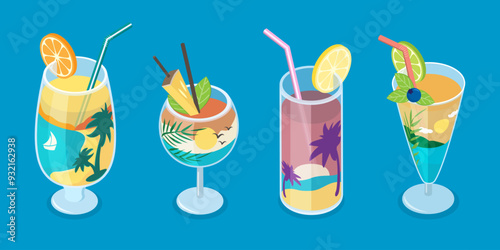 3D Isometric Flat Vector Set of Summer Cocktails, Refreshing Cold Drinks