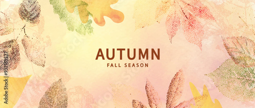 Trendy autumn banner with fall leaves. Modern autumn poster with grainy transparent leaves and watercolor. Autumn background, web banner or flyer design. Template for advertising, printing, packaging