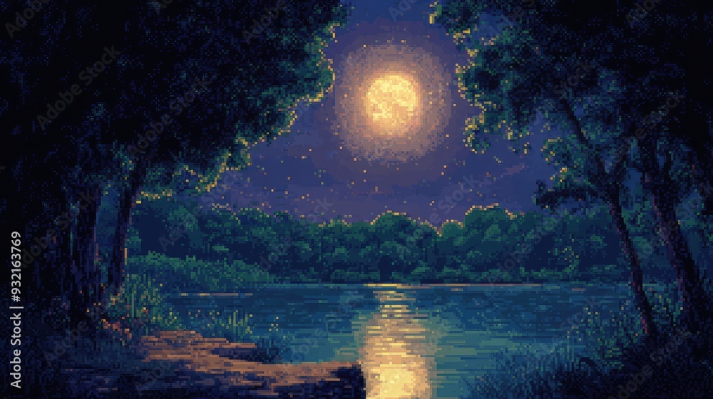 Pixel art of a midnight scene, the glowing moon creating a tranquil, emotional atmosphere.