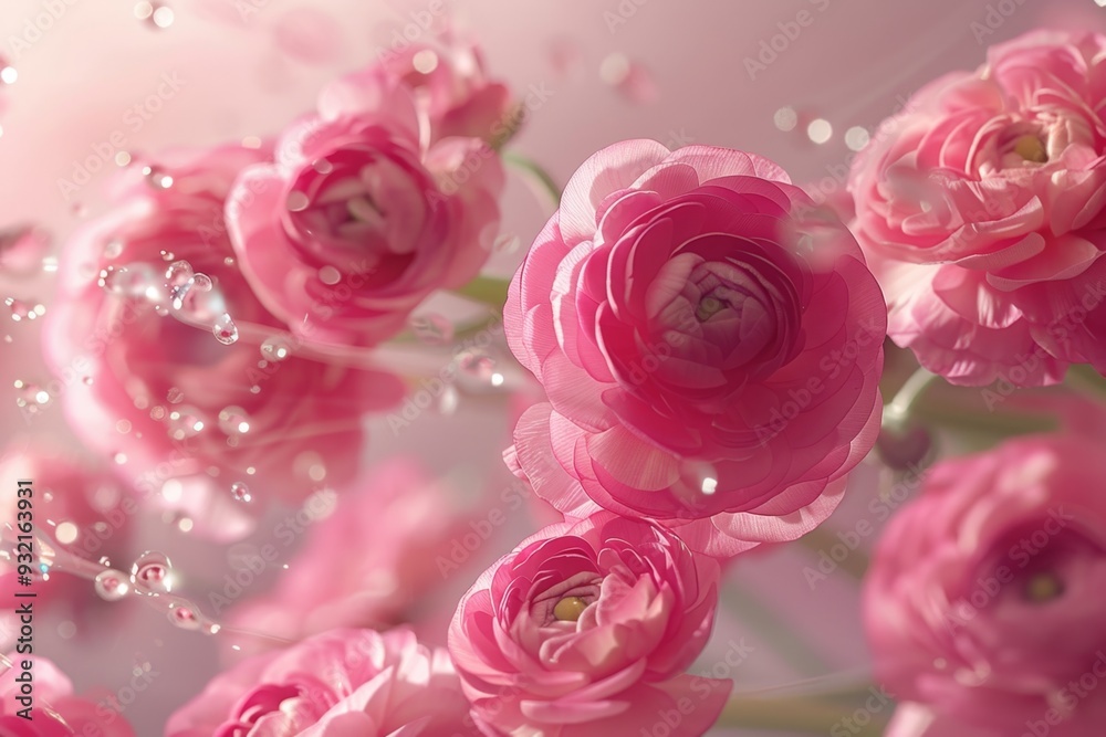 Close-up of delicate pink ranunculus blooms adorned with sparkling water droplets, conveying freshness and elegance.. Close-up of delicate pink ranunculus blooms adorned with sparkling water droplets, conveying freshness and elegance..