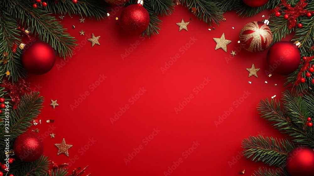 Christmas Ornament and Evergreen Sprig Border on Red Background Christmas Ornament and Evergreen Sprig Border on Red Background