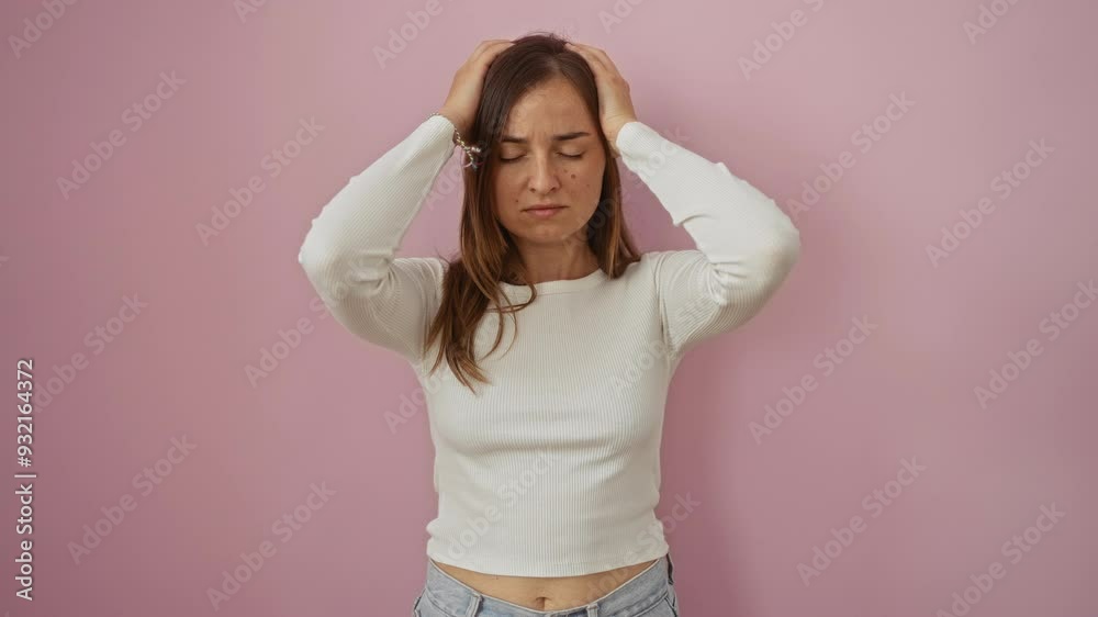 Headache suffering, young blonde woman standing in pain and stress with desperate expression over isolated pink background, head ache and migraine, hands on head Headache suffering, young blonde woman standing in pain and stress with desperate expression over isolated pink background, head ache and migraine, hands on head