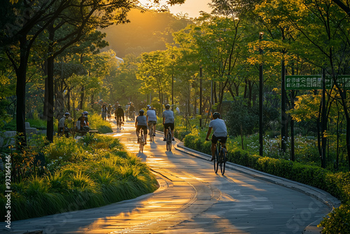 A vibrant urban setting where green spaces and sustainable living come together, showcasing eco-friendly transportation and community activities in a modern city.