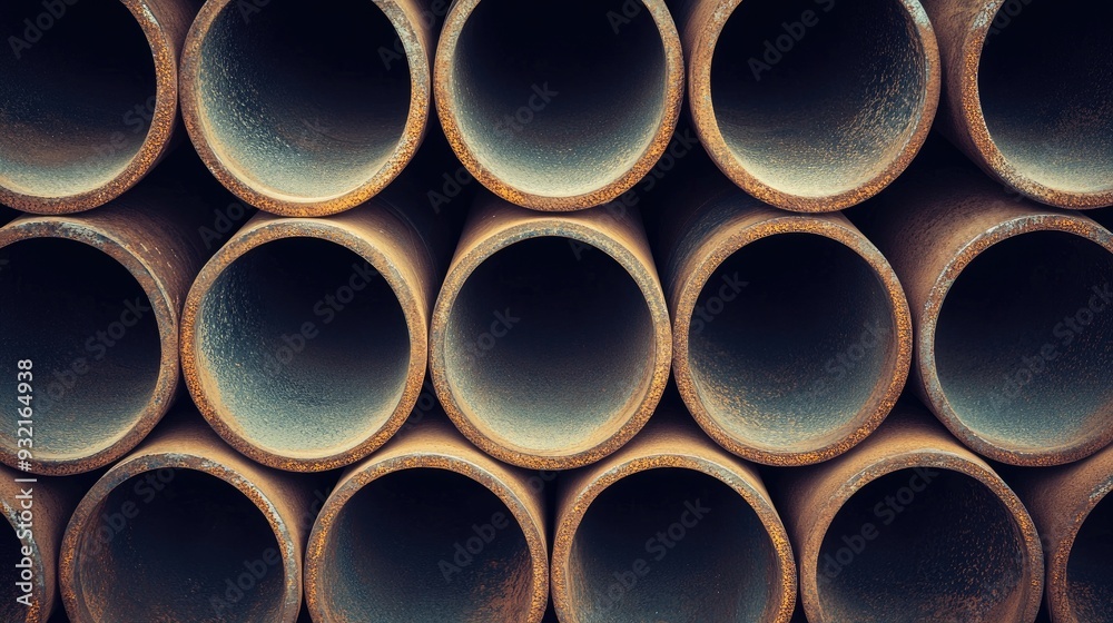 Steel pipes are organized in a warehouse, prepared for diverse construction projects in a busy industrial setting Steel pipes are organized in a warehouse, prepared for diverse construction projects in a busy industrial setting