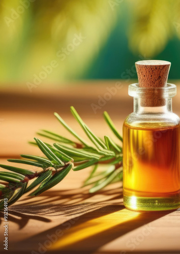 vertical banner, small transparent glass bottle of cypress oil on a wooden table, fresh green cypress branch, twig, eco-friendly medicinal solution, coniferous forest on the background