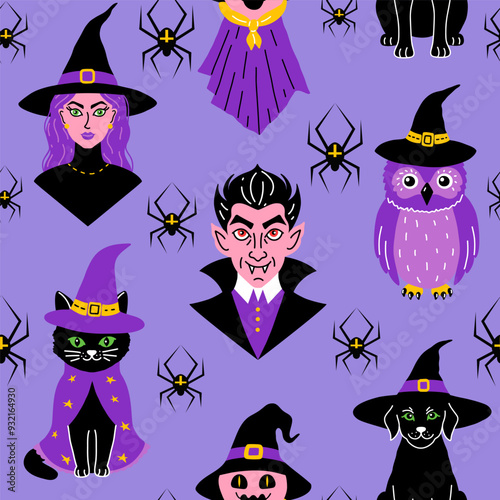 Seamless pattern with cute characters in simple style. Halloween theme.