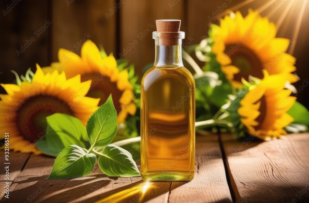 a small transparent glass bottle of sunflower oil on a wooden table, fresh yellow flowers, eco-friendly medicinal solution, natural background, sunny day