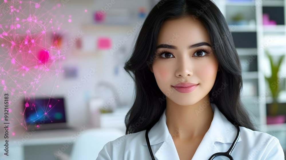 Young Female Doctor with Stethoscope and Network Background. Young Female Doctor with Stethoscope and Network Background.