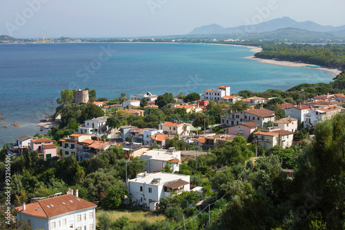 View over the village and coastline to distant Arbatax, Santa Maria Navarrese, Baunei, Nuoro, Sardinia, Italy, Mediterranean