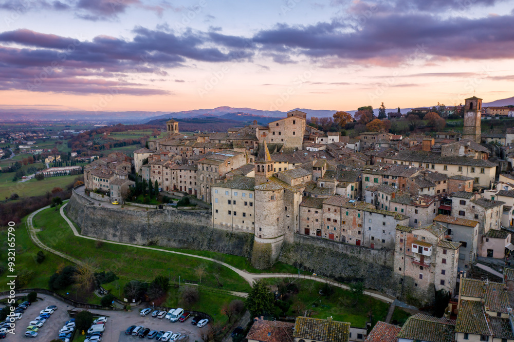 Aerial drone view of traditional old village with iconic monuments at sunset, Anghiari, Tuscany, Italy Aerial drone view of traditional old village with iconic monuments at sunset, Anghiari, Tuscany, Italy