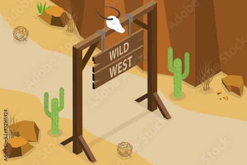 3D Isometric Flat Vector Illustration of Wild West Composition, Cacti, Trees and Wooden Gates photo