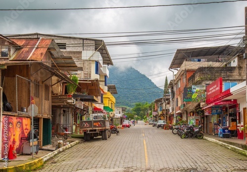 Town centre, Mindo, a centre for tourism in the Cloud Forest involving zip lining, rafting, bird watching and nature tours, Mindo, Ecuador photo