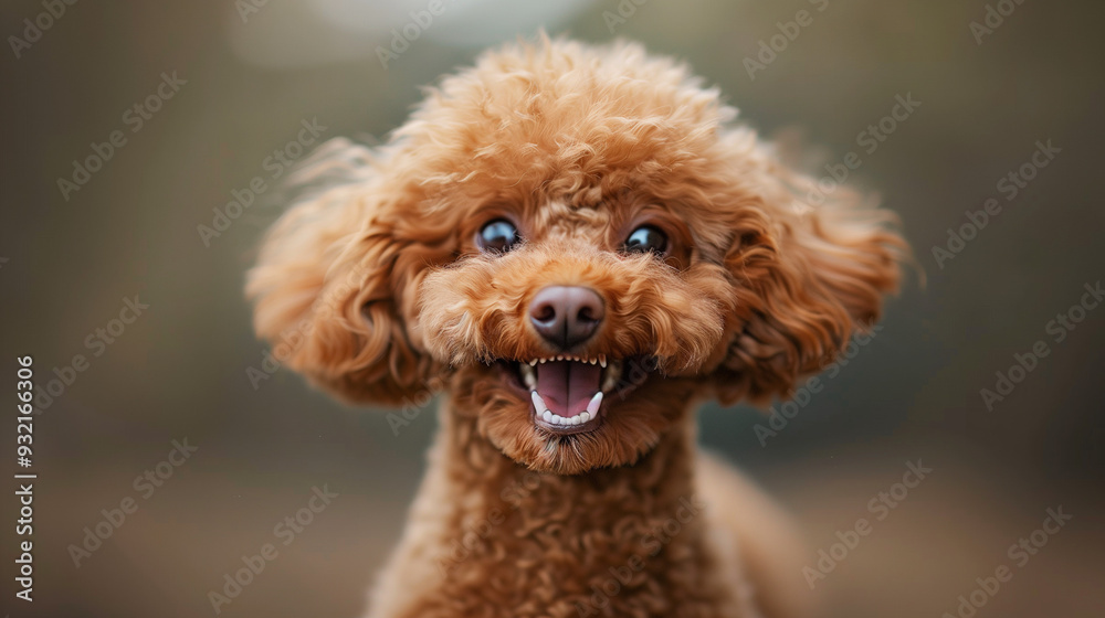 A toy poodle with curly fur is smiling happily, showing its teeth, against a blurred natural background