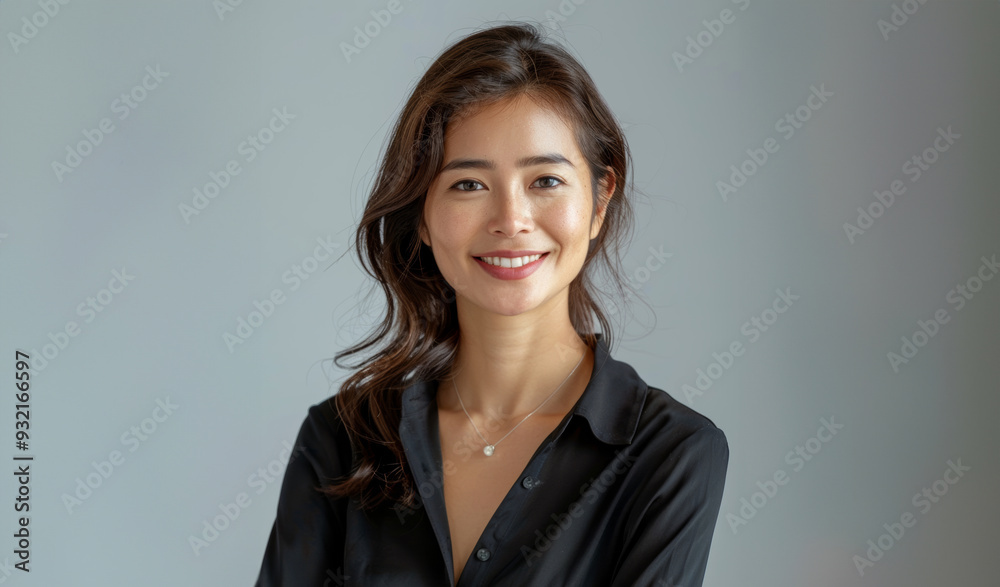 Smiling with confidence, a young woman in formal business attire radiates professionalism and elegance, ideal for corporate branding and promotion. Smiling with confidence, a young woman in formal business attire radiates professionalism and elegance, ideal for corporate branding and promotion.