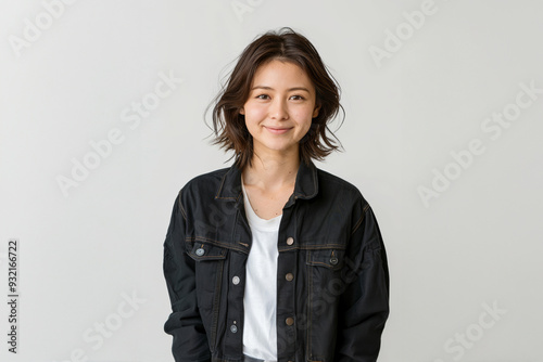 Smiling with confidence, a young woman in formal business attire radiates professionalism and elegance, ideal for corporate branding and promotion. photo