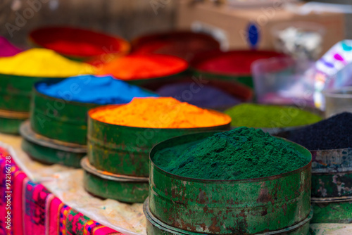Close-up of colorful powdered pigments used as natural textile dye, Pisac market, Pisac, Sacred Valley, Urubamba Province, Cusco (Cuzco) Region, Peru