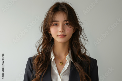 Smiling with confidence, a young woman in formal business attire radiates professionalism and elegance, ideal for corporate branding and promotion.