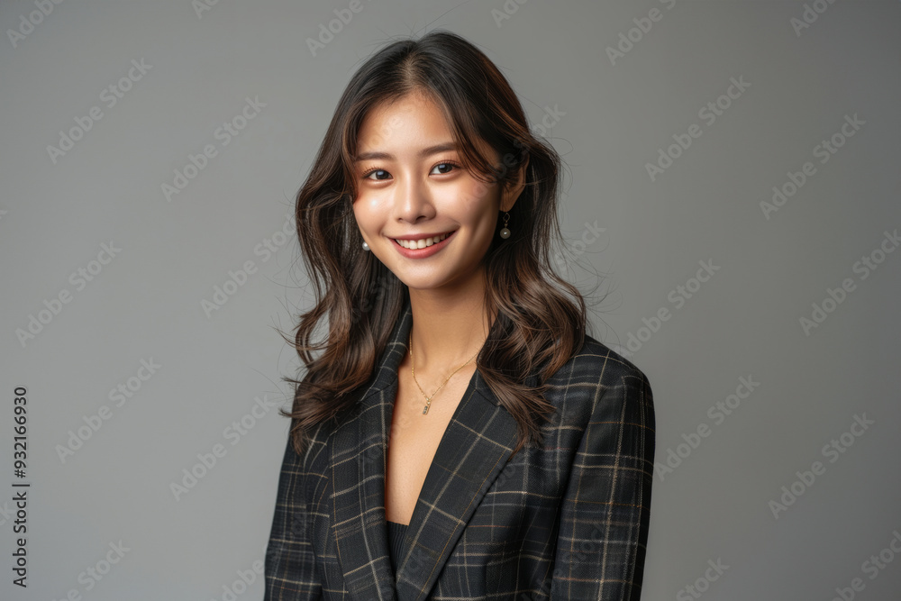 Obraz premium Smiling with confidence, a young woman in formal business attire radiates professionalism and elegance, ideal for corporate branding and promotion.