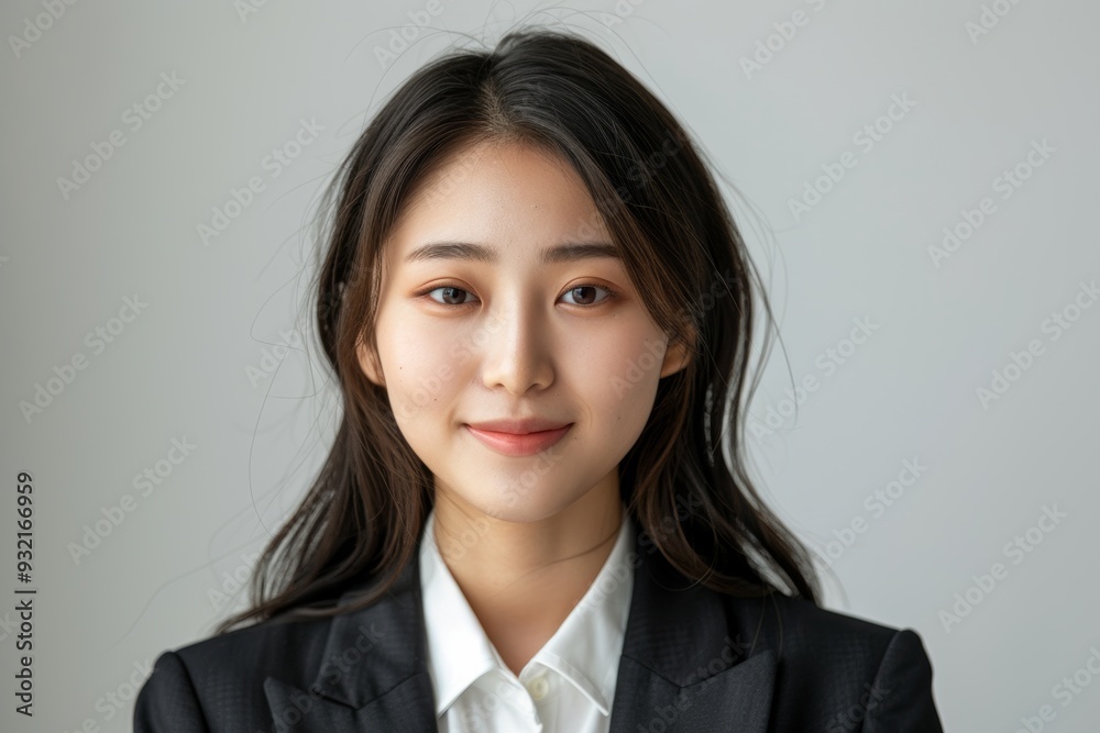 Smiling with confidence, a young woman in formal business attire radiates professionalism and elegance, ideal for corporate branding and promotion. Smiling with confidence, a young woman in formal business attire radiates professionalism and elegance, ideal for corporate branding and promotion.