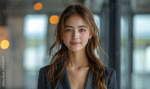 Smiling with confidence, a young woman in formal business attire radiates professionalism and elegance, ideal for corporate branding and promotion.