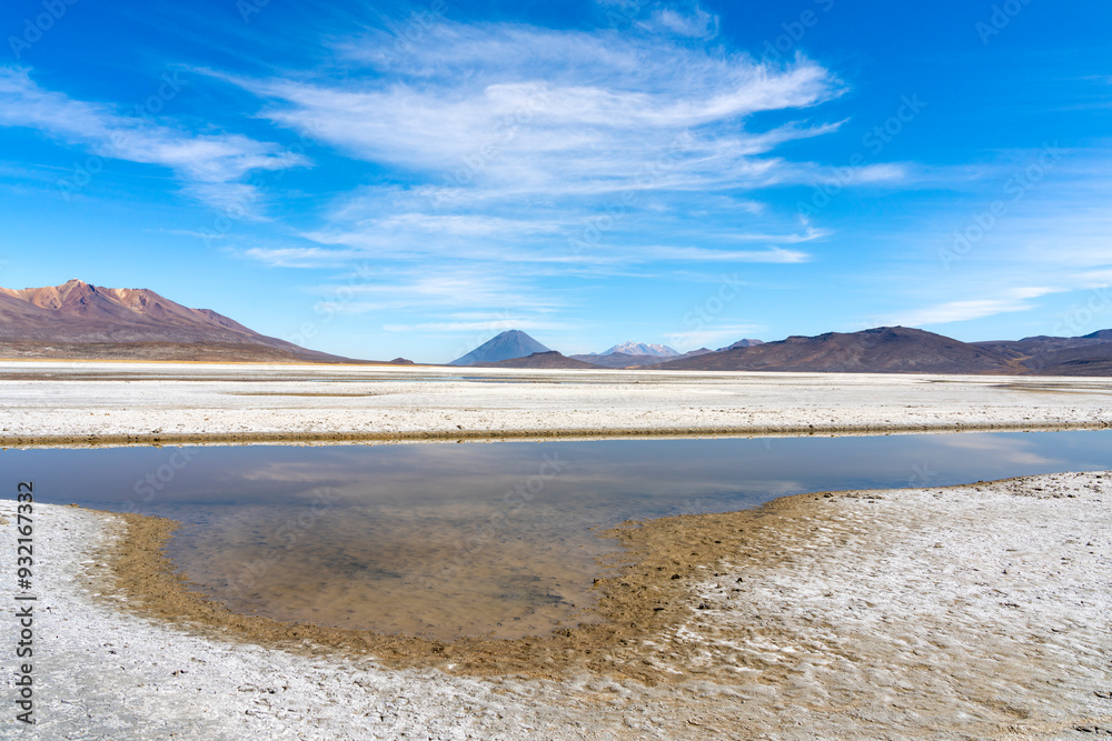 Reflection pool on salt flats and distant views of El Misti and Chachani volcanoes, Salinas y Aguada Blanca National Reserve, Arequipa Province, Arequipa Region, Peru Reflection pool on salt flats and distant views of El Misti and Chachani volcanoes, Salinas y Aguada Blanca National Reserve, Arequipa Province, Arequipa Region, Peru