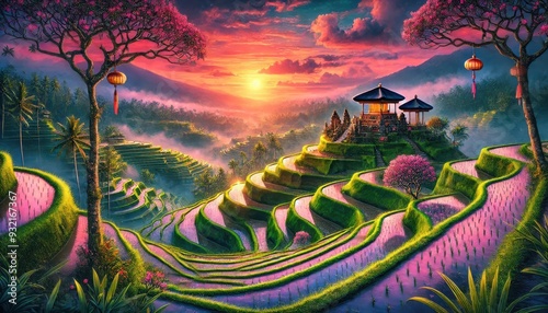 A sunrise over rice terraces of Bali, where landscape is a patchwork of vibrant greens.jpeg