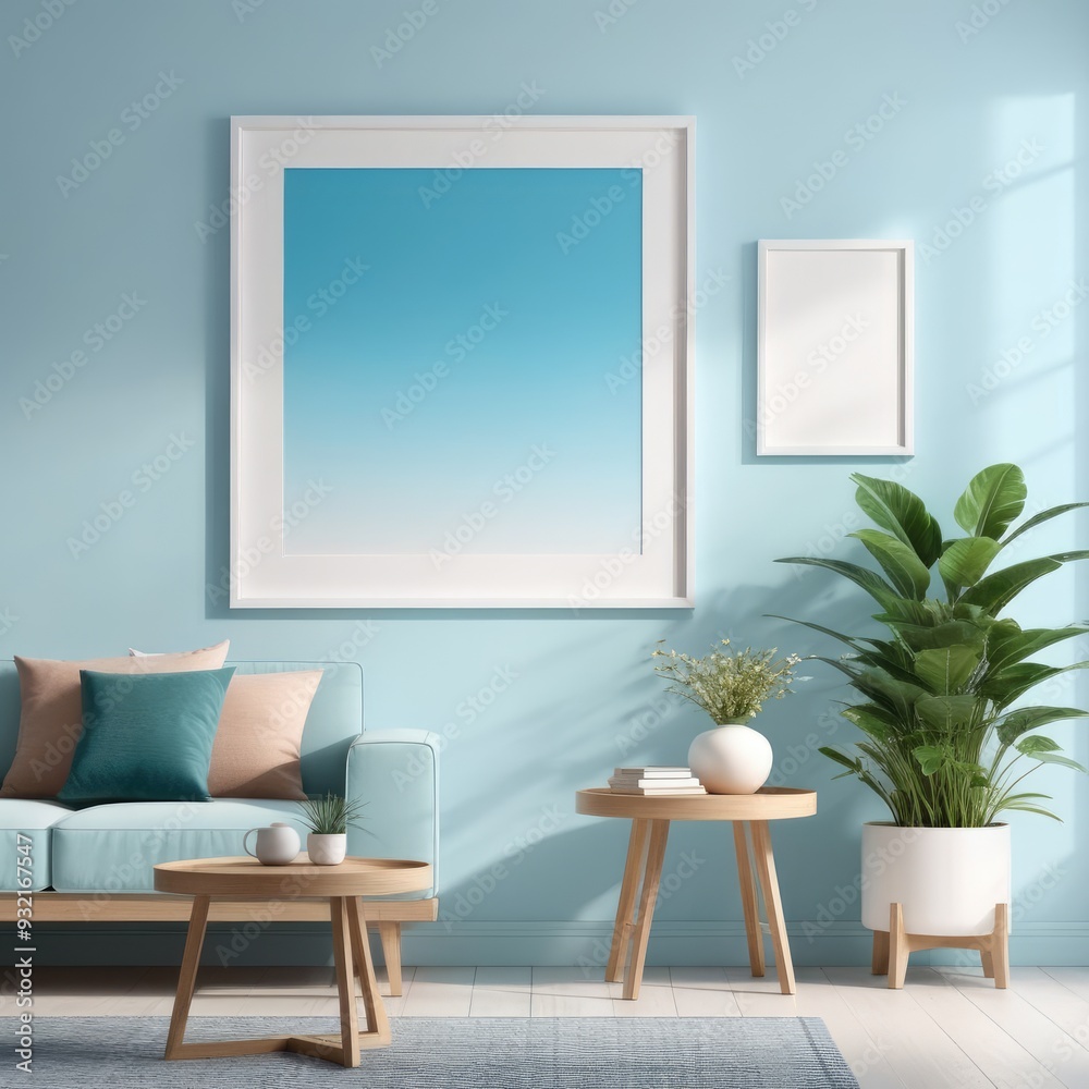 white poster frame close up in modern home interior with light blue colored walls, wall mockup, 3d rendering white poster frame close up in modern home interior with light blue colored walls, wall mockup, 3d rendering