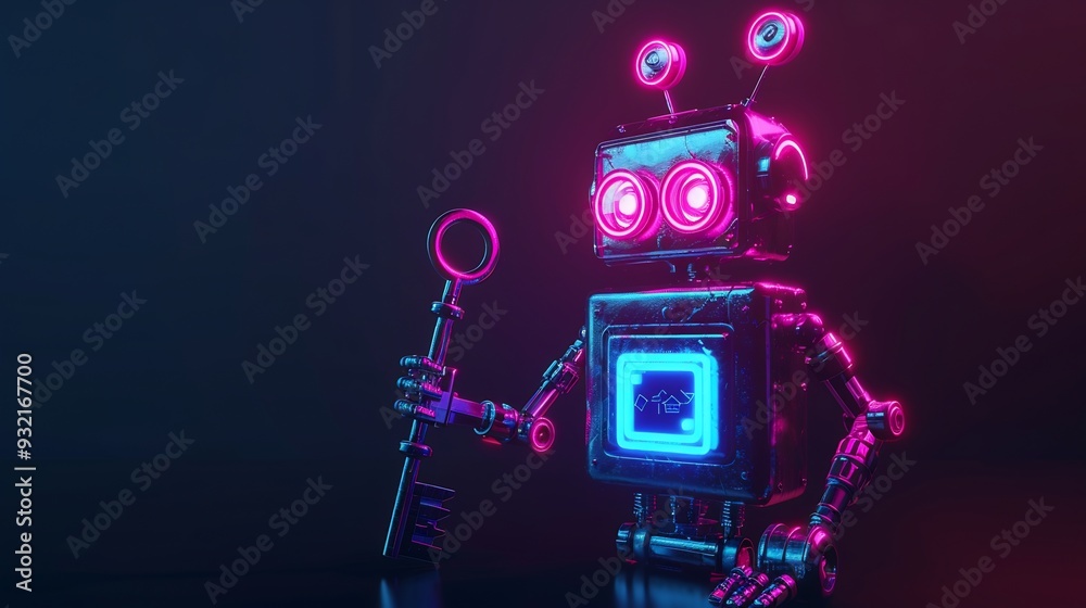 Naklejka premium Retro Robot Holding a Key in a Neon Lit Studio