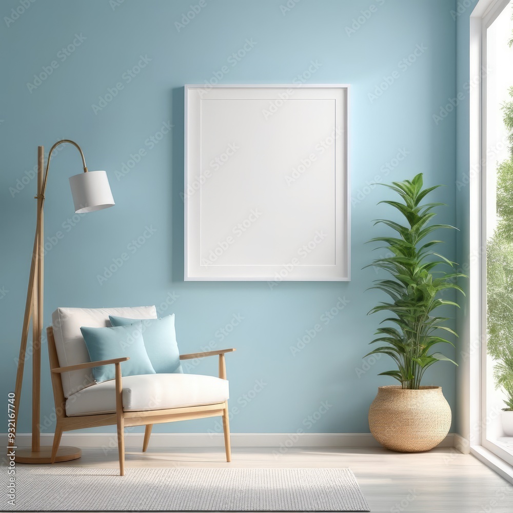 white poster frame close up in modern home interior with light blue colored walls, wall mockup, 3d rendering white poster frame close up in modern home interior with light blue colored walls, wall mockup, 3d rendering