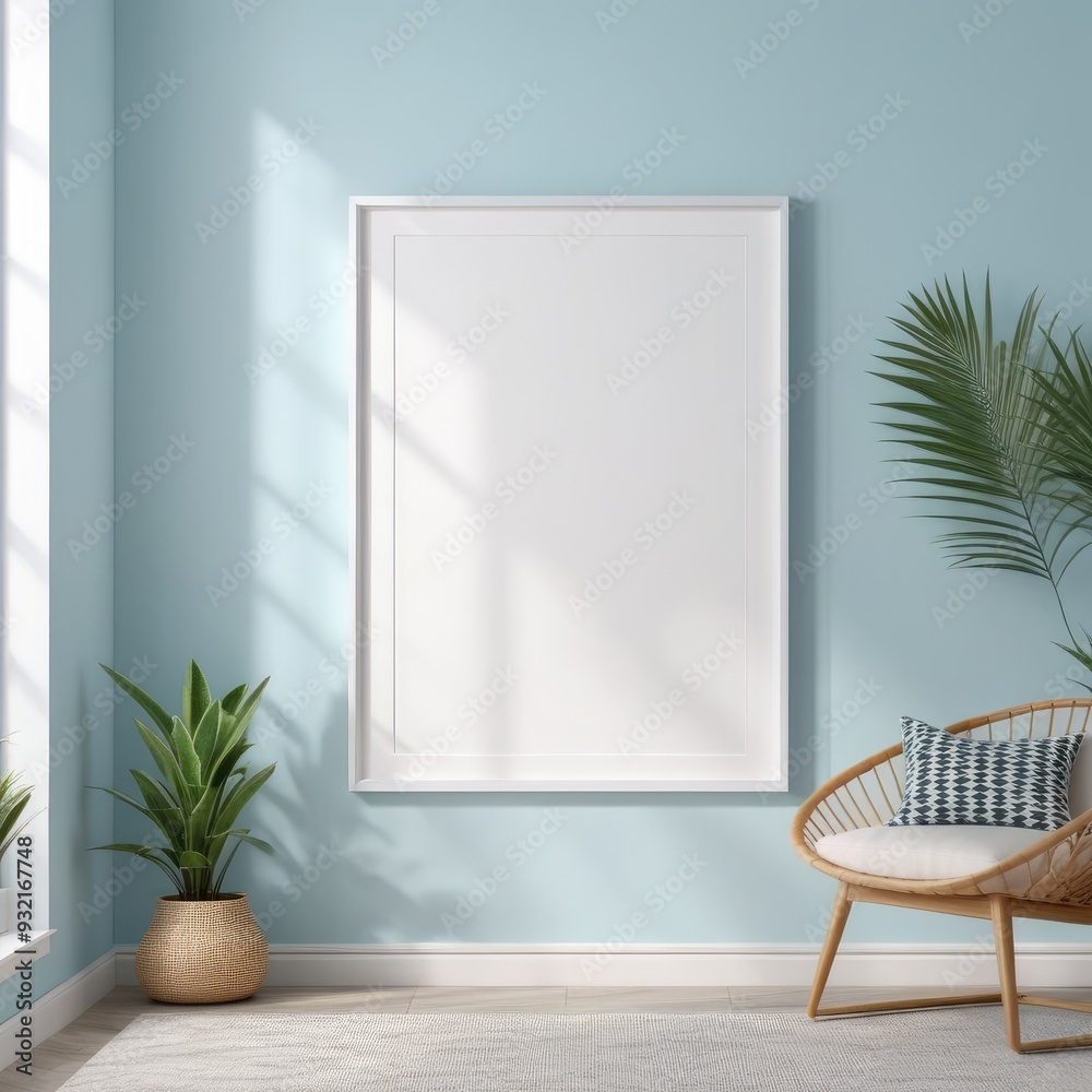 white poster frame close up in modern home interior with light blue colored walls, wall mockup, 3d rendering