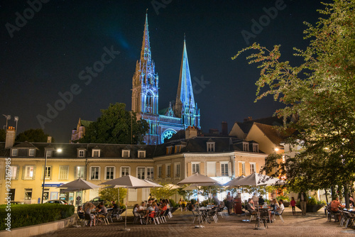 Illuminated Cathedral seen from Place Chatelet, UNESCO World Heritage Site, Chartres, Eure-et-Loir department, Centre-Val-de-Loire region, France