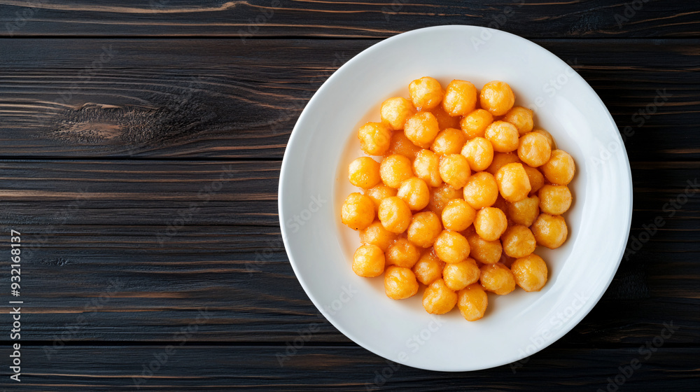 Delicious sweet potato balls on white plate, dark wooden table. Contrasting colors create appetizing display for tasty treat Delicious sweet potato balls on white plate, dark wooden table. Contrasting colors create appetizing display for tasty treat