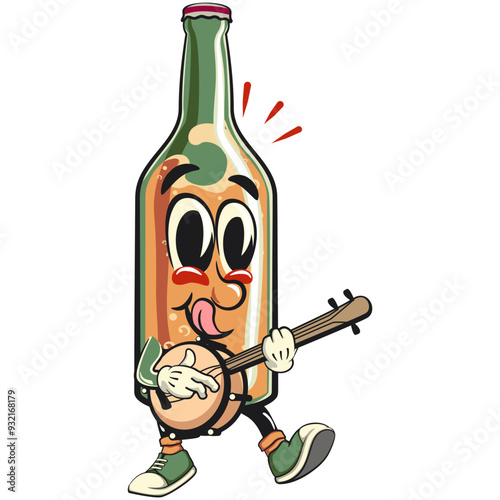 bottle beer cartoon character retro vector design playing the banjo musical instrument, work of hand drawn