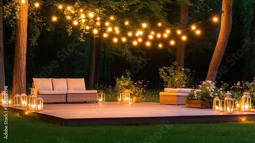 A stylish terrace features wicker sofas, glowing lanterns, and twinkling string lights, offering a cozy space for relaxation on a tranquil night photo