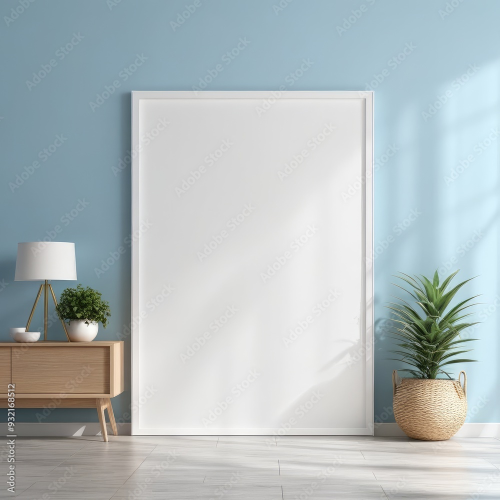 white poster frame close up in modern home interior with light blue colored walls, wall mockup, 3d rendering white poster frame close up in modern home interior with light blue colored walls, wall mockup, 3d rendering