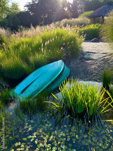 A peaceful nature scene with a small overturned boat resting near a serene pond, surrounded by tall grasses and water plants. The warm sunlight enhances the natural beauty of this tranquil scene.