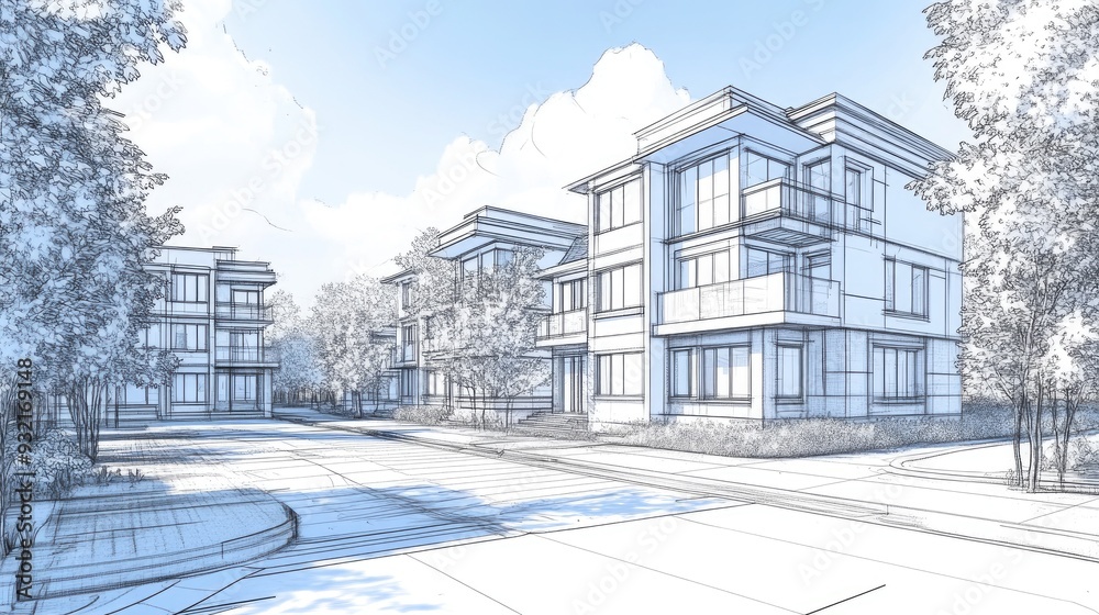 3D illustration of an architectural sketch of a townhouse design 3D illustration of an architectural sketch of a townhouse design