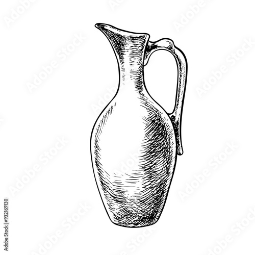 An earthenware jug. Ceramics, earthenware. Vector graphics, black and white hand-drawn illustrations. Isolate on a white background. For the design of packaging, labels, kitchen utensils.