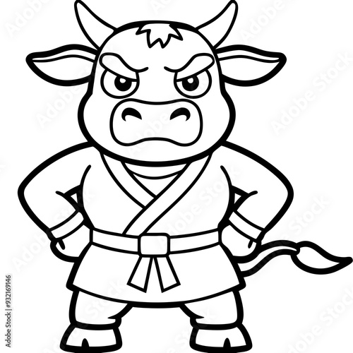 Angry Karate cow White Background line art vector illustration