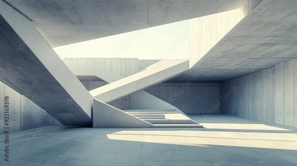 3D rendering of an abstract geometric structure featuring a modern architectural design and an open concrete floor 3D rendering of an abstract geometric structure featuring a modern architectural design and an open concrete floor
