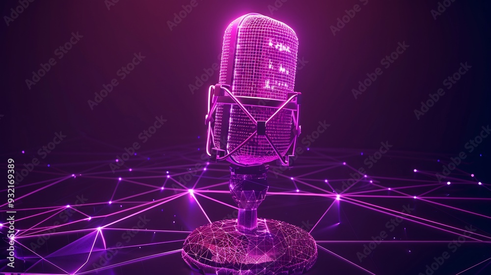 Neon Purple Microphone in a Futuristic Wireframe Landscape