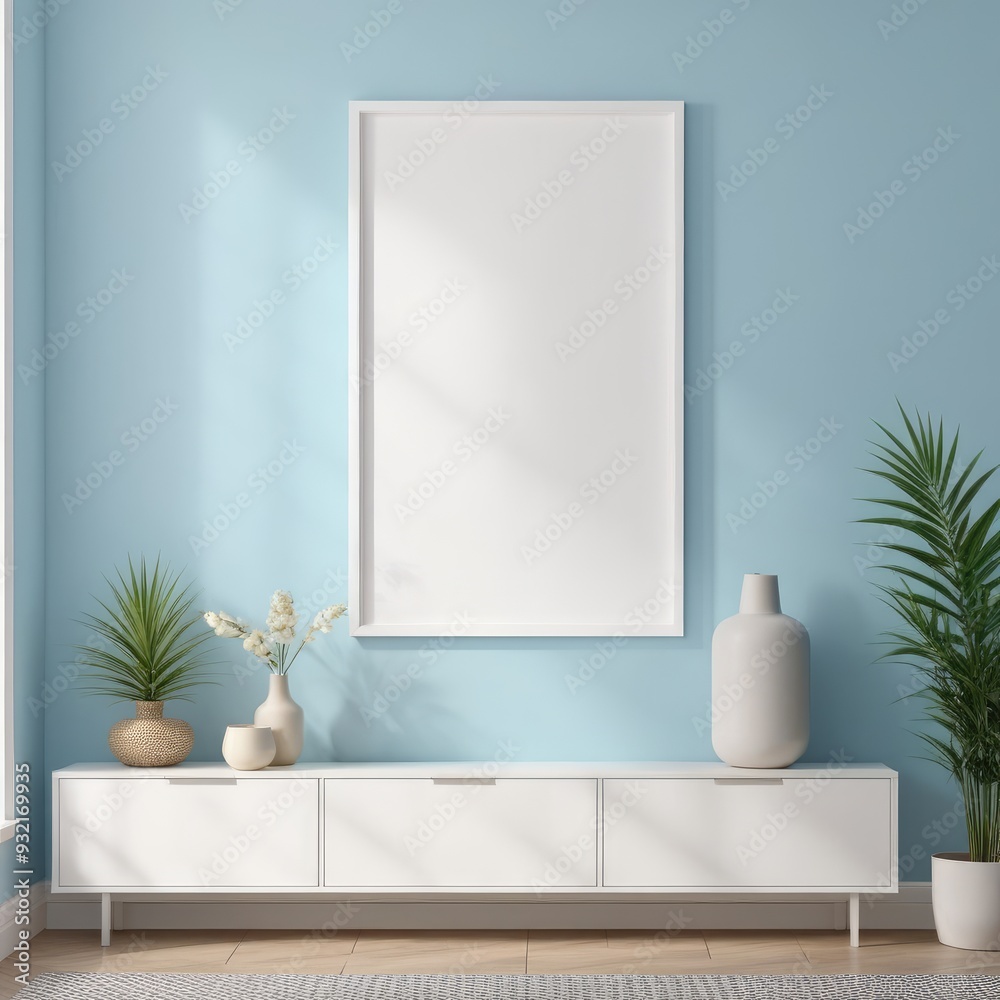white poster frame close up in modern home interior with light blue colored walls, wall mockup, 3d rendering white poster frame close up in modern home interior with light blue colored walls, wall mockup, 3d rendering