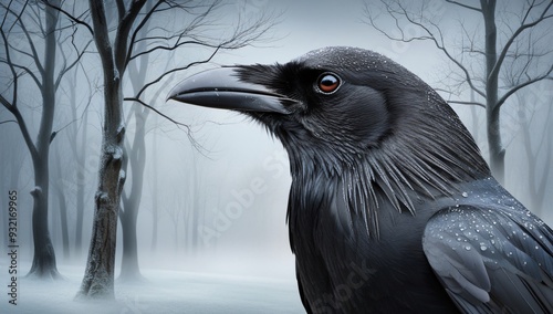Black crow perched on a tree branch, natural wildlife illustration with winter forest background